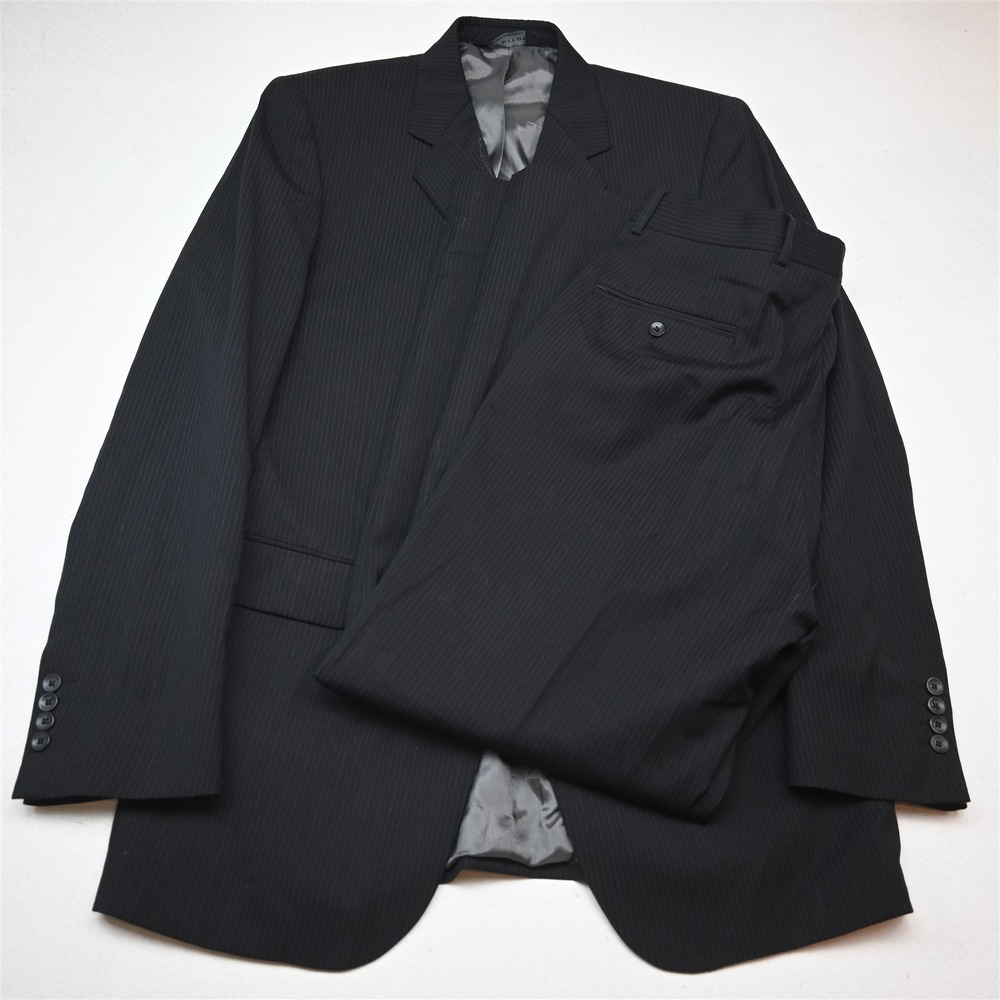Vtg Y2K 2000s Boxy 40L 34x32 Black Striped 100% Wool Mens Jacket Pants Suit